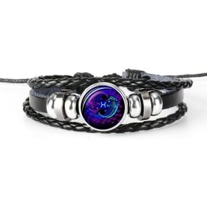 12 sterrenbeeld zwart gevlochten lederen glazen koepel Punk mannen Bracelet(Pisces)