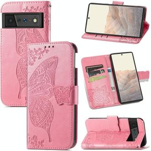 Voor Google Pixel 6 Butterfly Love Flowers Relif Horizontale Flip Leren Case met Houder & Card Slots & Wallet & Lanyard (Pink)