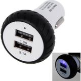 Mini wielen ontwerpen 5V 1.0a + 2.1a dubbele USB universele snelle auto-oplader voor telefoons / tabletten (wit + zwart)