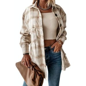 Revers lange mouwen plaid cardigan shirt losse casual wollen jas voor dames (kleur: abrikoos maat: L)