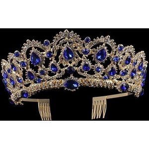 Crystal Tiaras Vintage Gold Rhinestone Pageant kroont met kam barokke bruiloft haaraccessoires (goud blauw)