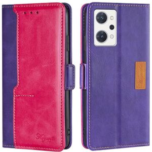 For OPPO Reno7 A JP Version Contrast Color Side Buckle Leather Phone Case(Purple+Rose Red)