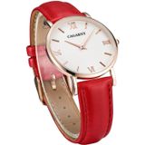 CAGARNY 6813 beknopte stijl Ultra dunne Rose Gold Case Quartz Wrist Watch met lederen Band voor Women(Red)