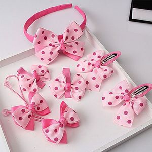 7 stuks/set kinderen accessoires Hairband baby meisjes mooie Bow Headwear Hair clip (roze + watermeloen rode stippen)