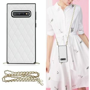 Voor Samsung Galaxy S10 Elegant Rhombic Pattern Microfiber Leather + TPU Shockproof Case met Crossbody Strap Chain (White)