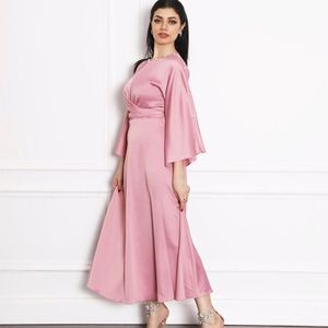 Vrouwen Satin Ruche Mouw Jurk (Kleur: Roze Maat: XL)