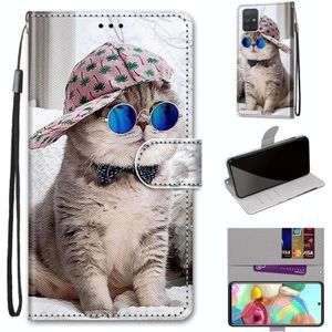 Voor Samsung Galaxy A71 Coloured Drawing Cross Texture Horizontale Flip PU Lederen case met Holder & Card Slots & Wallet & Lanyard (Oblique Hat Blue Mirror Cat)