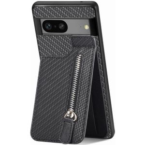 Voor Google Pixel 7A Koolstofvezel Verticale Flip Rits Telefoon Case (Zwart)