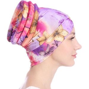 Floral Turban Hat Cotton Back Plate Hair Wrap Cap  Size:M (56-58cm)(Licht paars)
