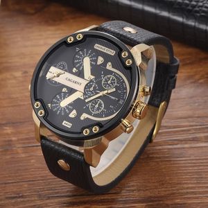 Cagarny 6820 Round Large Dial Leather Band Quartz Dual Movement Watch voor mannen (goud tussen zwarte band)
