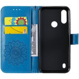 Voor Motorola Moto E6s (2020) Geperst Afdrukken Zonnebloempatroon Horizontaal Flip PU Lederen Kast Houder & Kaartslots & Wallet & Lanyard(Blauw)