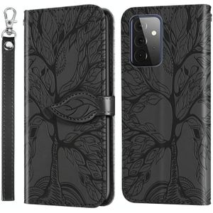 Voor Samsung Galaxy A72 5G Life of Tree Embossing Patroon Horizontale Flip Lederen Case met Houder & Kaart Slot & Portemonnee & Foto Frame & Lanyard (Zwart)
