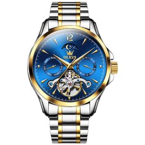 OLEVS 6663 heren multifunctioneel waterdicht hol stalen band mechanisch horloge (blauw + goud)