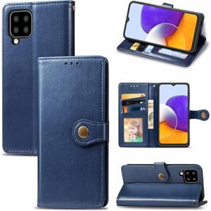 Voor Samsung Galaxy A22 5G solid color lederen gesp telefoonhoesje met lanyard  fotolijst  kaartsleuf  portemonnee en standaardfunctie (blauw)