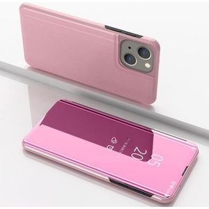 Voor iPhone 15 vergulde spiegel horizontale flip lederen telefoonhoes met houder (rosgoud)