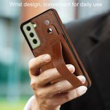 Voor Samsung Galaxy S21 FE Crazy Horse Texture Shockproof TPU + PU lederen hoesje met kaartsleuf en polsbandhouder (bruin)