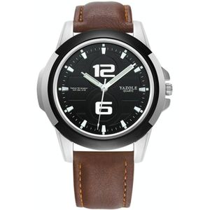 Yazole 418 Sportshorloge Casual Mode Lichtgevende Heren Quartz Horloge (zwarte lade Donkerbruine riem)