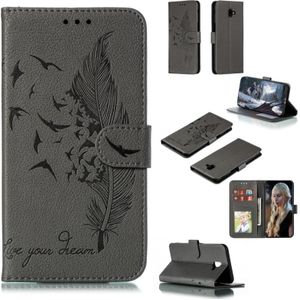 Feather patroon Litchi textuur horizontale Flip lederen draagtas met portemonnee & houder & kaartsleuven voor Galaxy J6 PLUS (grijs)