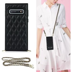 Voor Samsung Galaxy S10e Elegant Rhombic Pattern Microfiber Leather + TPU Shockproof Case met Crossbody Strap Chain (Black)