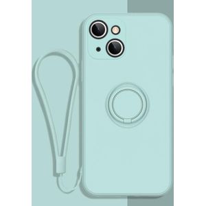 All-inclusive Liquid Silicone Phone Protective Case with Ring Holder & Lanyard For iPhone 13 mini(Light Cyan)