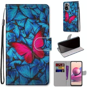 Voor Xiaomi Redmi Note 10 4G / Note 10S gekleurde tekening cross textuur horizontale flip PU lederen geval met houder  kaart slots & portemonnee & lanyard (blauw rood vlinder)