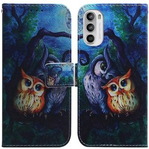 For Motorola Moto G52 Coloured Drawing Leather Phone Case(Oil Painting Owl)