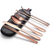 7 in 1 Cutlery Spoon Chopsticks And Straw Set Stainless Steel Portable Cutlery Set  Specification: Rose  + Deep Bag