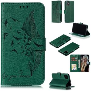 Feather patroon Litchi textuur horizontale Flip lederen draagtas met portemonnee & houder & kaartsleuven voor iPhone 11 (groen)