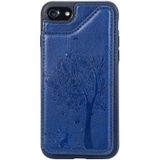 iPhone 7 & 8 Kat en boom patroon TPU + PU leren back cover Hoesje met foto frame en opbergruimte voor pinpassen (blauw)