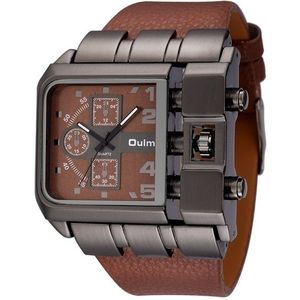 Oulm 3364 mannen vierkante wijzerplaat lederen riem quartz horloge (koffie)