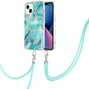 Voor iPhone 14 Plus Galvaniseren Splicing Marmerpatroon Dual-side IMD TPU Schokbestendig Hoesje met Nekkoord (Blauw)