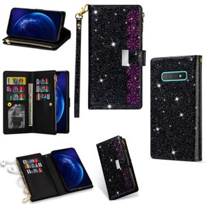 Voor Samsung Galaxy S10 5G Multi-card Slots Starry Sky Laser Carving Glitter Zipper Horizontale Flip Lederen Case met Holder & Wallet & Lanyard(Zwart)