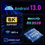 H96 Max 8K Ultra HD Smart TV Box Android 13.0 mediaspeler met afstandsbediening  RK3528 quad-core  2GB+16GB (UK-stekker)