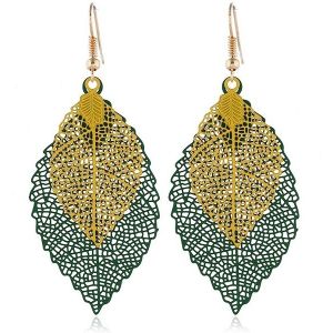 Dubbel gelaagde verlaat Tassel Earrings eenvoudige retro metalen blad-oren ornamenten (groen geel)
