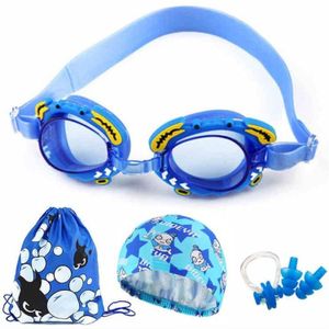 4 in 1 Cartoon Little Crab Waterproof en Anti-fog Siliconen Zwembril + Gedrukt patroon zwemmen cap + Neus Clip Oordopjes + Opbergtas zwemuitrusting set voor kinderen (Blauwe Krab)
