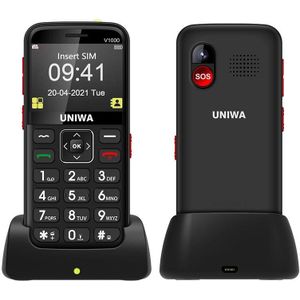 Uniwa v1000 4G oudere mobiele telefoon  2.31 inch  Unisoc Tiger TIRT T117  1800MAH Batterij  21 sleutels  ondersteuning BT  FM  MP3  MP4  SOS  FORCH  NETWERK: 4G  met Docking Base (Black)