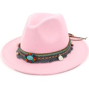 Vrouwen jazz caps Bohemen stijl wollen hoeden voor lente zomer strand (roze)