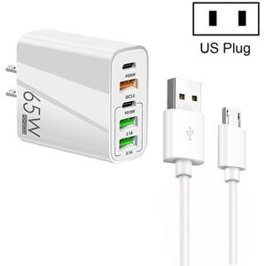 65W Dual PD Type-C + 3 x USB-multipoort-oplader met 3A USB naar micro-USB-datakabel  US-stekker