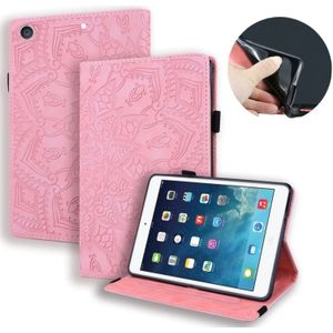 Voor iPad 10 2 inch 2019 Kalfspatroon Dubbel opvouwbaar design in relif lederen hoesje met houder & kaartsleuven & penslot & elastic band(roze)