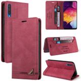 Voor Samsung Galaxy A70 Skin Feel Anti-Diefstal Borstel Horizontale Flip Leren Case Met Houder & Card Slots & Portemonnee (Wijnrood)