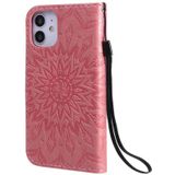 Voor iPhone 12 mini Geperst Zonnebloempatroon Horizontaal Flip PU Lederen Kast Houder & Kaartslots & Wallet & Lanyard(Roze)