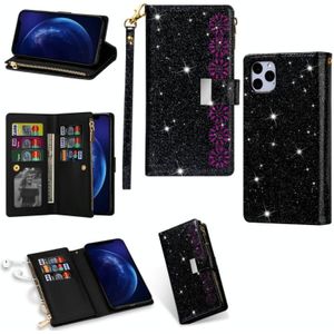 Voor iPhone 11 Pro Max Multi-card Slots Starry Sky Laser Carving Glitter Zipper Horizontale Flip Lederen Case met Holder & Wallet & Lanyard(Zwart)