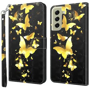 Voor Samsung Galaxy S22 5G 3D-schilderpatroon TPU + PU lederen telefoonhoes (gouden vlinder)