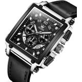 OLREVS 9919 vierkante wijzerplaat chronograaf lichtgevende quartz horloge voor mannen (zwart lederen zilverschaal zwart oppervlak)