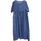 Zomer ronde hals effen kleur Ramie losse jurk voor vrouwen (kleur: blauwe maat: XL)