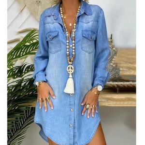 Enkele breasted lange mouw denim shirt jurk (kleur: blauw maat: S)