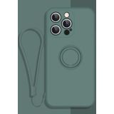 All-inclusive Liquid Silicone Phone Protective Case with Ring Holder & Lanyard For iPhone 13 Pro(Dark Night Green)