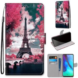 Voor Motorola Moto G Stylus (2020) Gekleurde tekening Kruistextuur Horizontale Flip PU Lederen kast met Holder & Card Slots & Wallet & Lanyard(Pink Flower Tower Bridge)