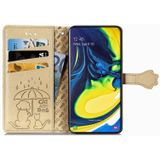 Voor Galaxy A80/A90 Cute Kat en Hond relif horizontale flip lederen zaak met beugel / kaartsleuf / portemonnee / Lanyard (Goud)