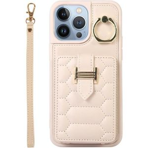 Voor iPhone 13 Pro Max Vertical Card Bag Ring Holder Phone Case met Dual Lanyard(Beige)